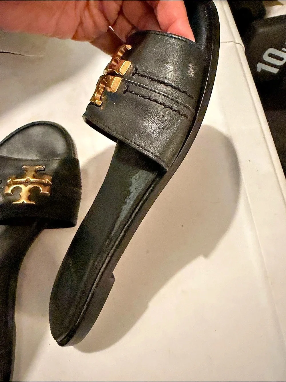 Tory Burch Double T Sport Slide Black Leather Sandals US 8.5